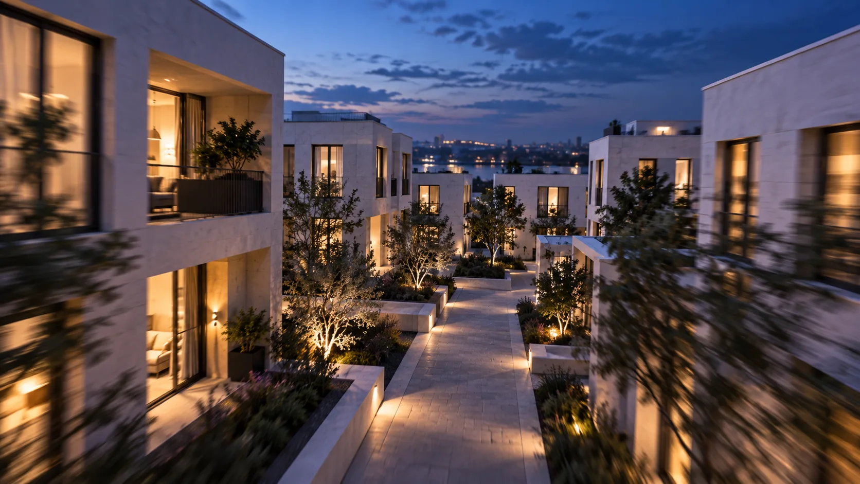 The housing scheme at dusk, lit from within