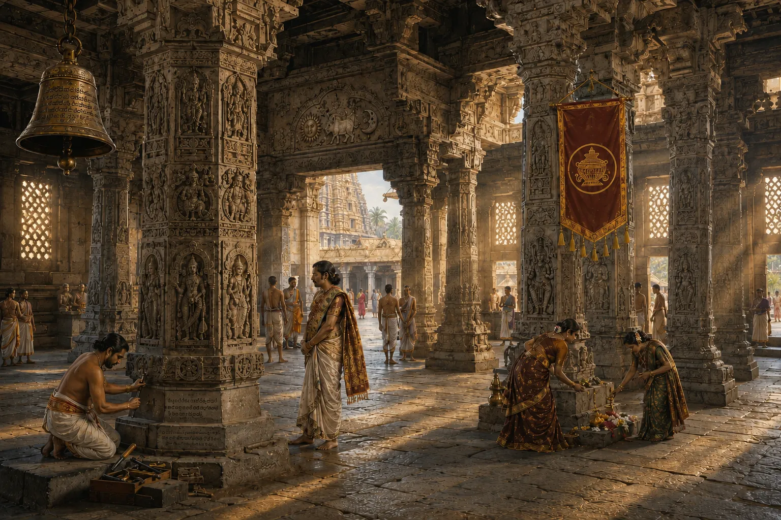 A pillared hall: a craftsman carves an inscription into the base of a pillar
