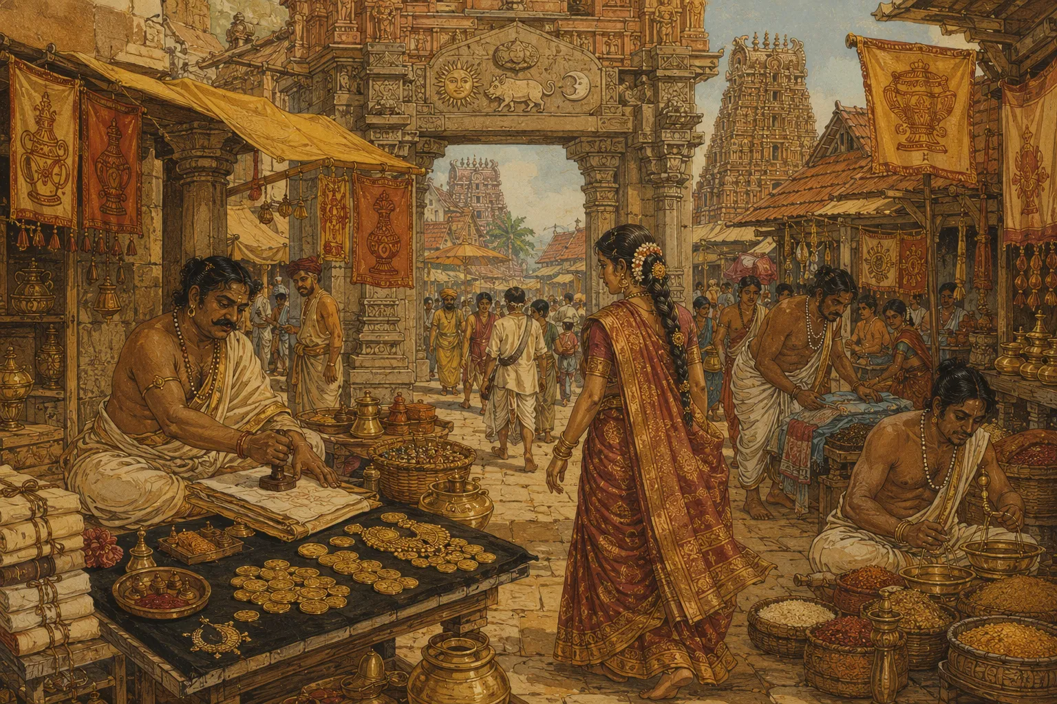 The market at the city gate: merchants, banners, a woman in a zari-bordered saree, the gopuram behind