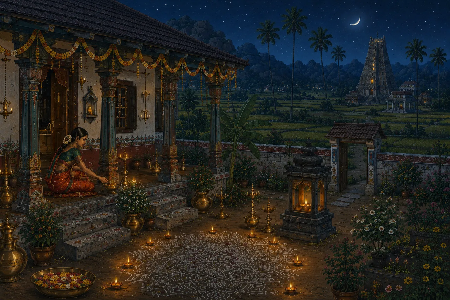 Night in the city: a woman lights lamps on a veranda, the gopuram lit in the distance